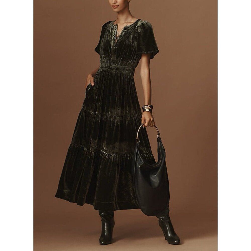 Anthropologie The Somerset Maxi Dress: Velvet Edition DARK GREEN Women’s XS NWT